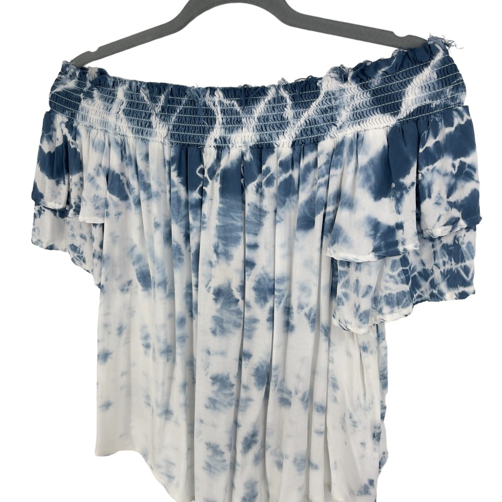 Surf Gypsy Shirt Womens Off Shoulder Blue Tie Dye Flowy Tassel Short Sleeve S - Picture 7 of 10